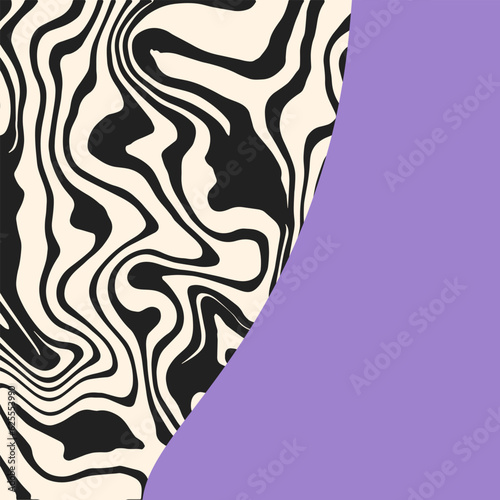 Abstract trippy marble background with purple copy space. Trendy square backdrop in retro groovy style. Psychedelic patterns 60-70s. Cool vector cover templates for social media post, banner, sale