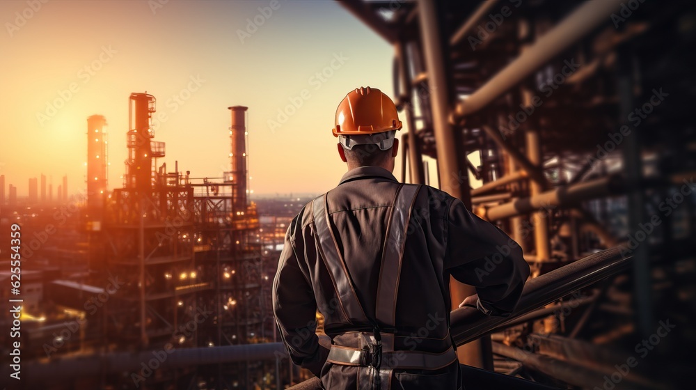 backside of Engineer Technician Watching Team of Workers on High Steel Platform, backside of Engineer Technician Watching Team of Workers on High Steel Platform,