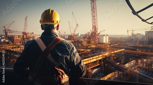 backside of Engineer Technician Watching Team of Workers on High Steel Platform, 