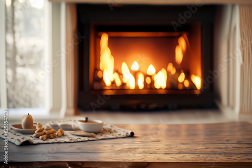 Foto fireplace with christmas decorations, cosy home interior background Table top wi