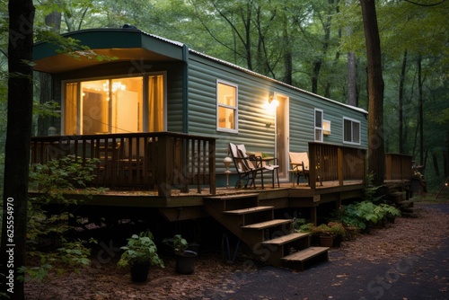 A pleasant trailer with a wooden porch situated in a tranquil campground.