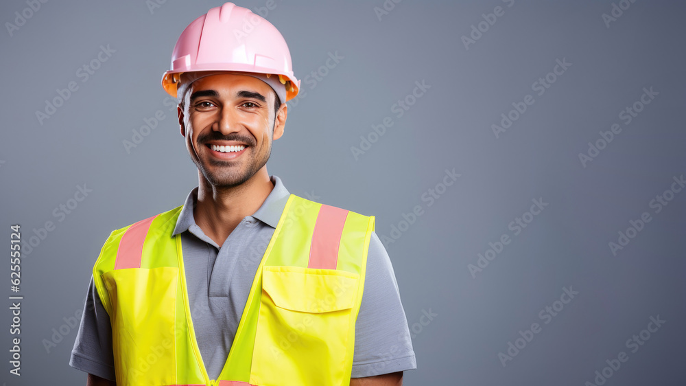Portrait of man worker or engineer with a safety vest and hardhat isolated on gray background. Concept for labor day. AI Generated.