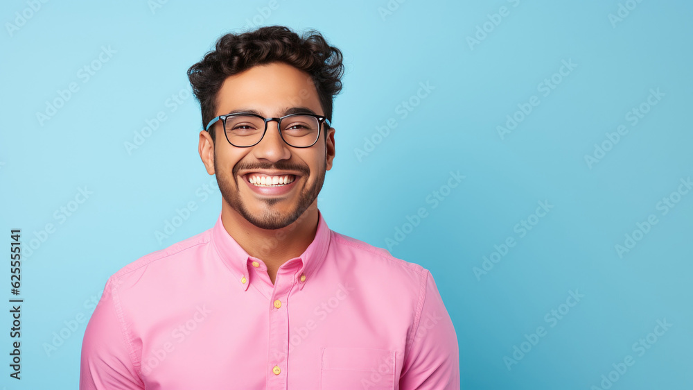 Portrait of smiling man wearing glasses and pink shirt isolated on blue background. AI Generated. Portrait of smiling man wearing glasses and pink shirt isolated on blue background. AI Generated.