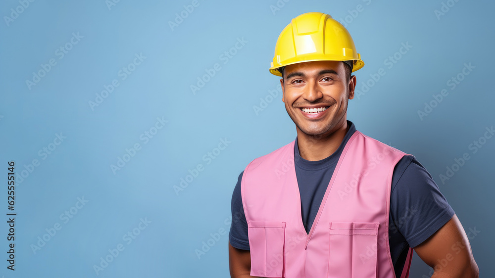 Portrait of man worker or engineer with a safety vest and hardhat isolated on blue background. Concept for labor day. AI Generated.