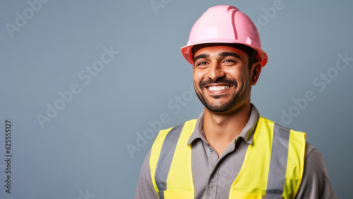 Portrait of man worker or engineer with a safety vest and hardhat isolated on gray background. Concept for labor day. AI Generated.