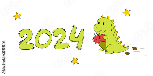 Festive Background New Year Symbol Cute Green Baby Dragon Carries a Gift