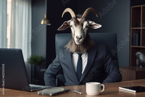 Executive Goat: A Professional dressed in a snappy business suit at the office, generative AI