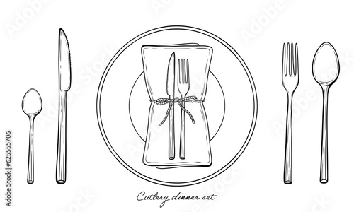 Plate with cutlery set knife fork napkin vector line art illustration