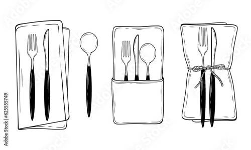 Black cutlery set with knife spoon fork napkins cutlery pouches vector line art illustration