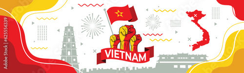 Flag and map of Vietnam with raised fists. National day or Independence day design for Vietnamese celebration