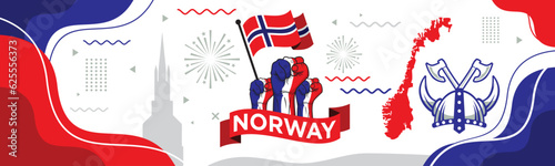 Norway national day banner design. Norwegian flag and map theme with Oslo Viking helmet background