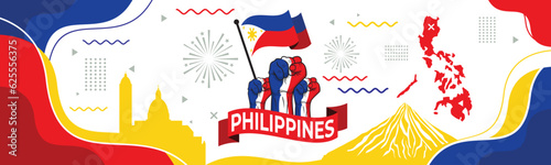 National independence day of Philippines banner. Abstract retro design with philippines flag colors & landmarks like mayon volcano & intramuros photo