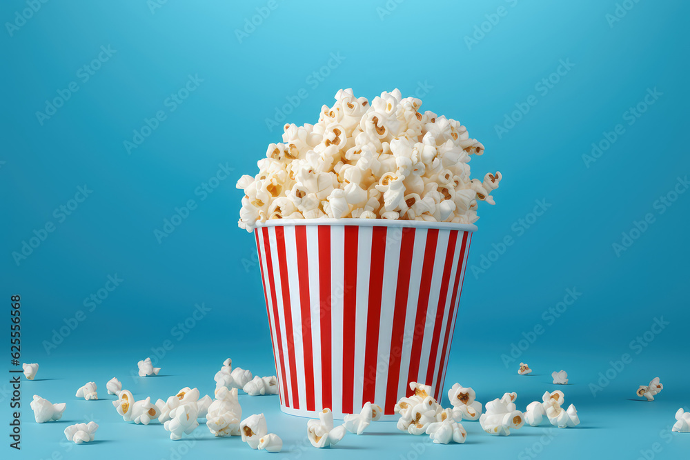 Delicious popcorn in a paper red striped cup isolated on a flat blue background with copy space. Banner template for cafe in movie theater. 3d render illustration style.