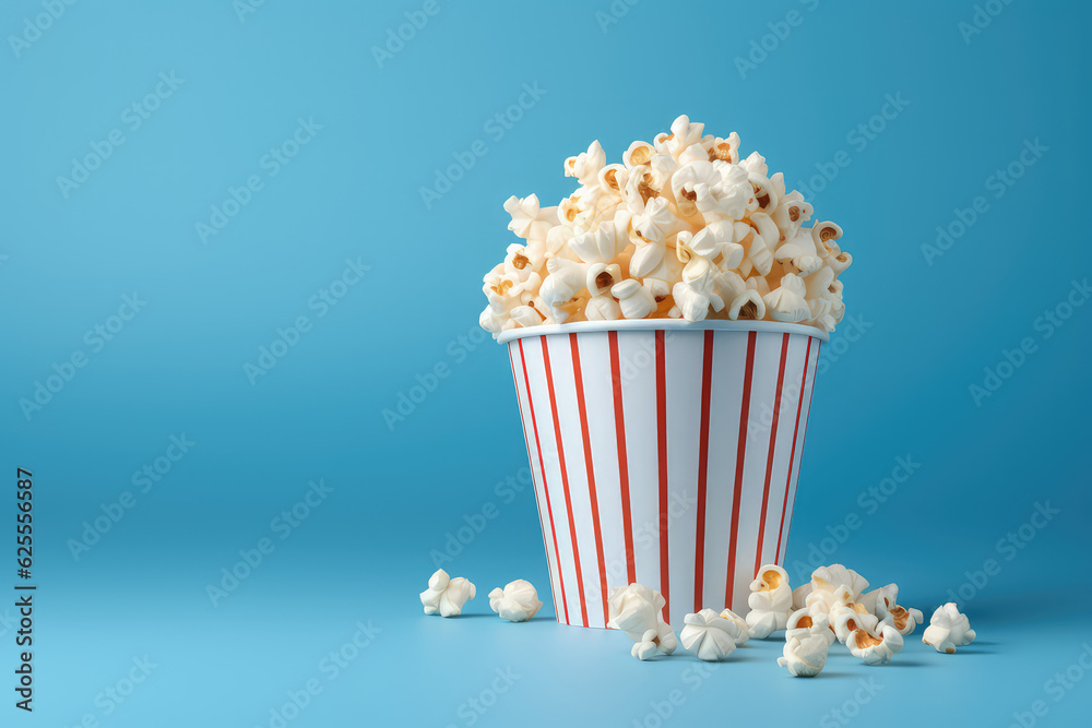 Delicious popcorn in a paper red striped cup isolated on a flat blue background with copy space. Banner template for cafe in movie theater. 3d render illustration style.