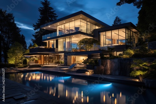 A lavish residence illuminated in the nighttime situated in Vancouver, Canada. © 2rogan