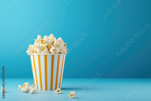 Delicious popcorn in a paper orange striped cup isolated on a flat blue background with copy space. Banner template for cafe in movie theater. 3d render illustration style.
