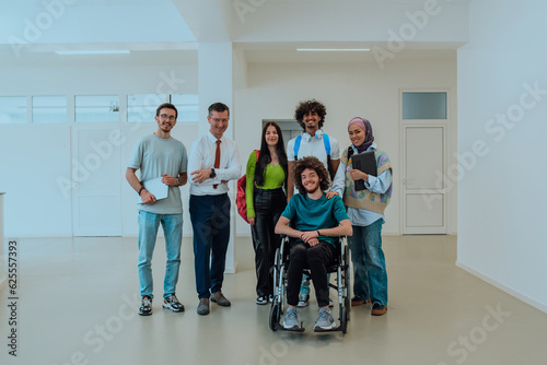 A group of students with a professor and a colleague who is in a wheelchair are standing together in the corridor of a modern university