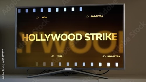 Hollywood Writers Actors On Strike Gold Film Intro Motion Graphics on TV Set photo