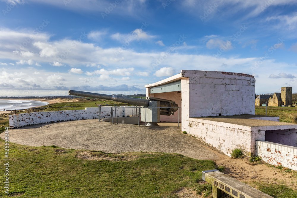 Replica WWII Mark V11 6 inch naval gun in gun emplacements at Blyth Battery above Blyth beach near the Port of Blyth on the Northumberland coast.