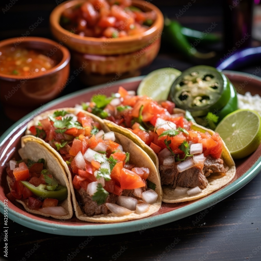 Bistec a la Mexicana in a traditional ceramic dish with tricolor peppers and warm tortillas on the side