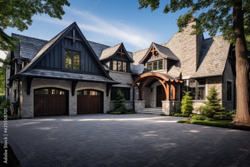Exquisitely crafted, recently constructed upscale dwelling showcasing a stunning stone exterior including a three car garage and elegant gables.