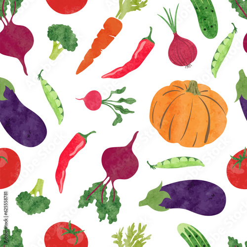 Seamless colorful vegetables pattern. Vector watercolor harvest illustration