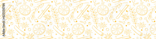 Vector seamless pattern of Christmas winter outline spices in doodle style. Xmas background or texture with seasonings. For desserts, hot mulled wine, homemade cookies, template of menu, recipes