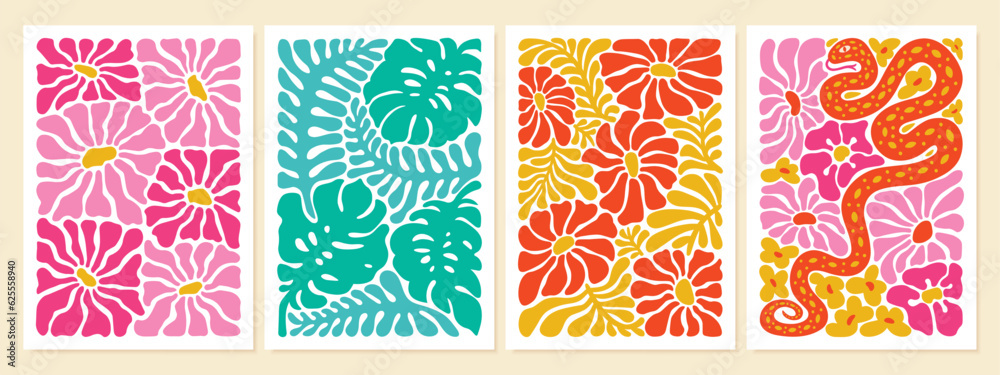 Set of abstract flower posters. Groovy abstract trendy botanical wall arts collection. Modern naive groovy funky hippie style interior decorations, paintings. Vector illustration Set of abstract flower posters. Groovy abstract trendy botanical wall arts collection. Modern naive groovy funky hippie style interior decorations, paintings. Vector illustration