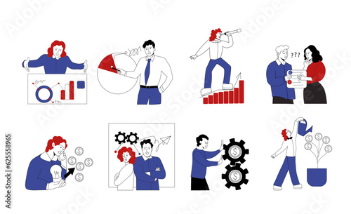 Business people teamwork, meeting doodle concept. Colleagues team develop idea work together thinking creative solution with infographic icons around. Brainstorm in office Line art vector illustration © Antonina