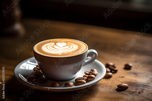 Cup of fresh aromatic cappuccino hazelnut latte on a wooden table