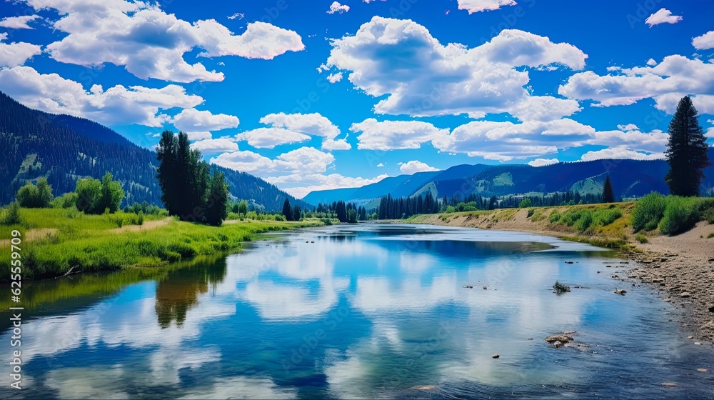 Summer Landscape of Kootenai River in Bonners Ferry, Idaho: Blue Skies, Water and Clouds in Serene Nature Scene: Generative AI