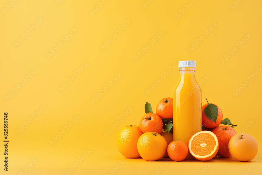 Clear plastic transparent bottle with natural freshly squeezed orange juice surrounded by ripe orange fruit isolated on flat background with copy space for text. Mockup of natural juice in a bottle. Clear plastic transparent bottle with natural freshly squeezed orange juice surrounded by ripe orange fruit isolated on flat background with copy space for text. Mockup of natural juice in a bottle.