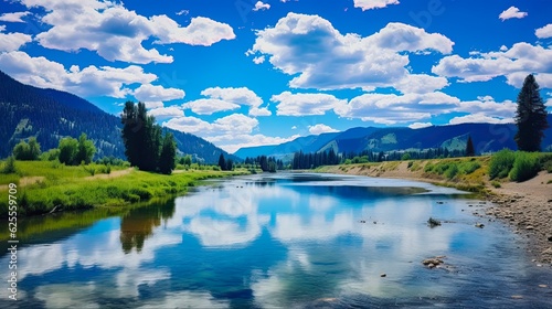 Summer Landscape of Kootenai River in Bonners Ferry, Idaho: Blue Skies, Water and Clouds in Serene Nature Scene: Generative AI