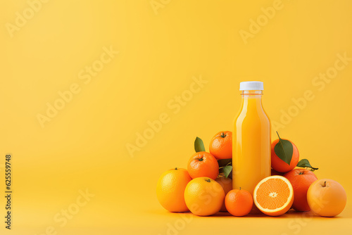 Clear plastic transparent bottle with natural freshly squeezed orange juice surrounded by ripe orange fruit isolated on flat background with copy space for text. Mockup of natural juice in a bottle. 