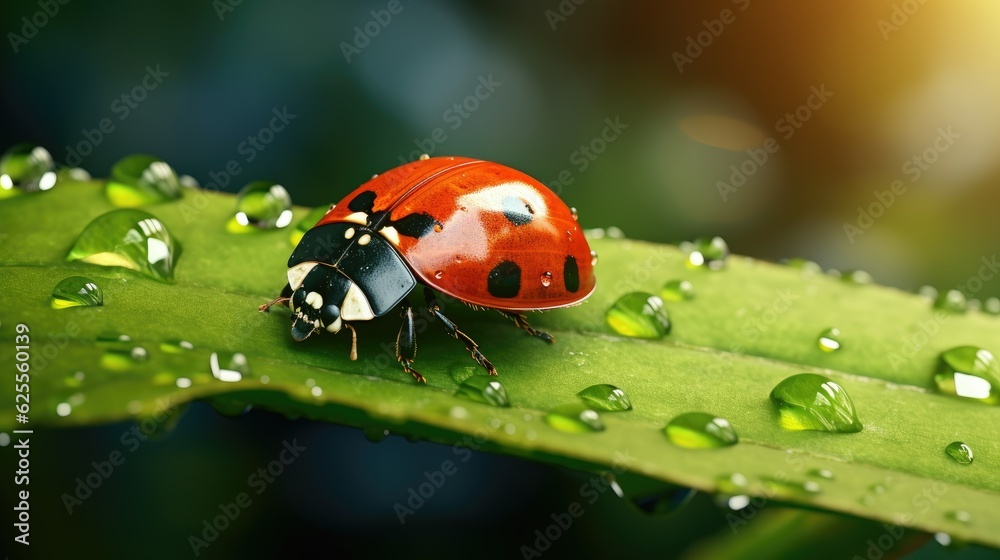 Beautiful ladybug on leaf in the morning with the dew of the rising sun Beautiful ladybug on leaf in the morning with the dew of the rising sun