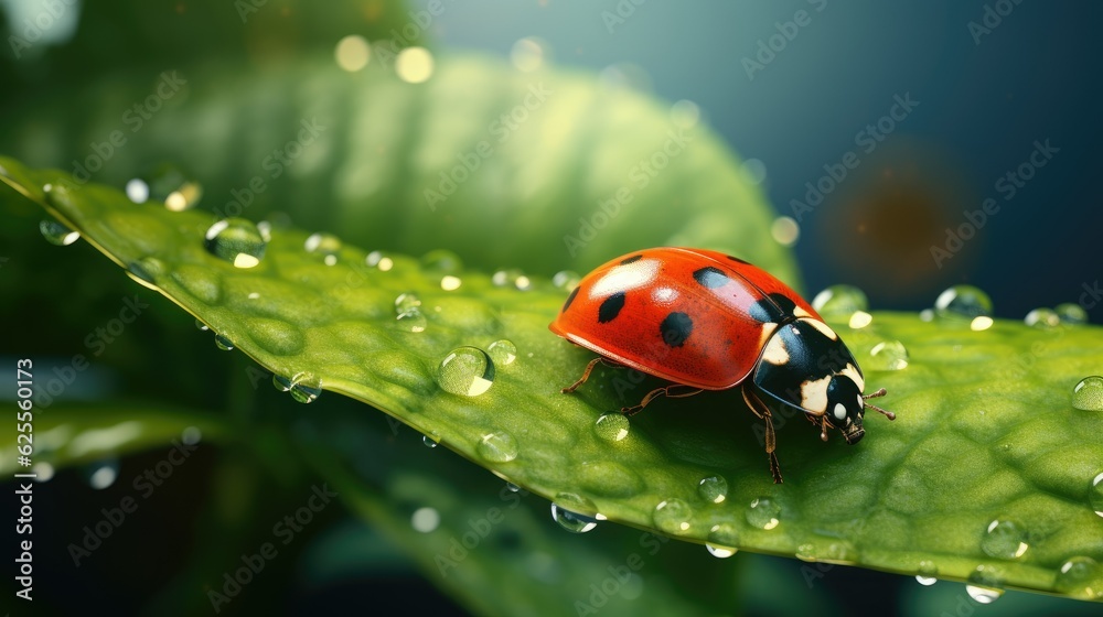 Beautiful ladybug on leaf in the morning with the dew of the rising sun Beautiful ladybug on leaf in the morning with the dew of the rising sun