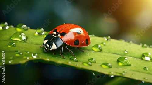 Beautiful ladybug on leaf in the morning with the dew of the rising sun © Clown Studio