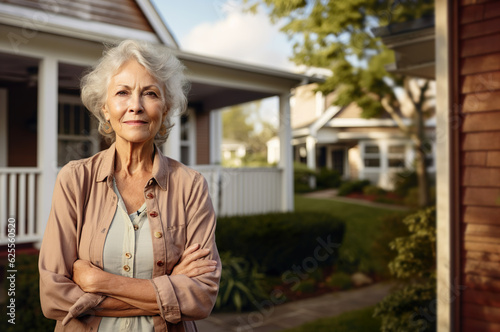 AI generated image of mature senior female in front of house