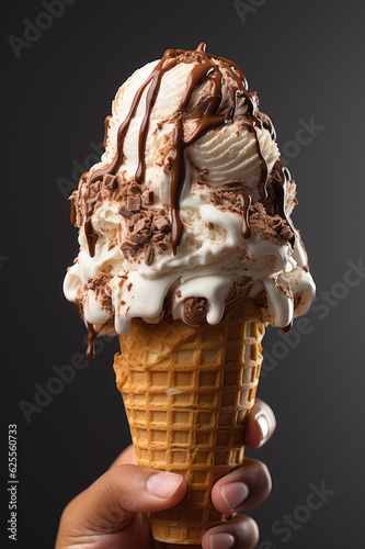 Generative ai illustration of Elegant Female hand holding chocolate ice cream cone