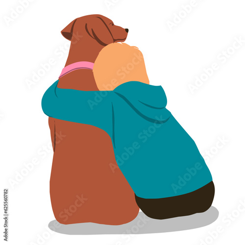 child embraces dog from behind while sitting, Flat vector illustrations isolated on white background.