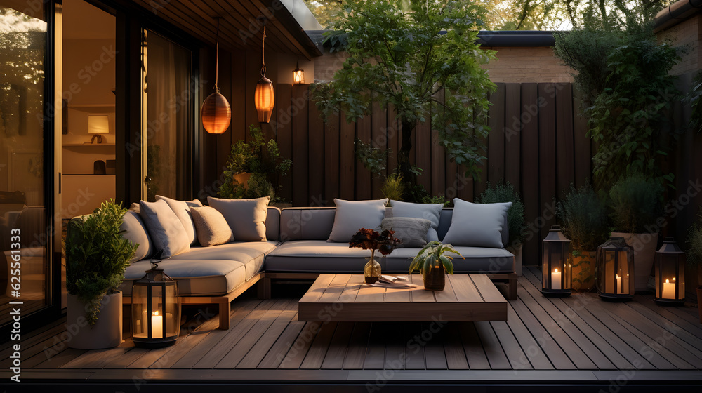 Backyard outdoor contemporary lounge. There are plants, a wooden table and wall, plus a sofa, armchair, and lanterns in the terrace house for house advertising and background Generative AI