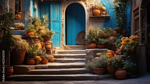 Steps leading to open door and potted plants. French countryside. Generative AI