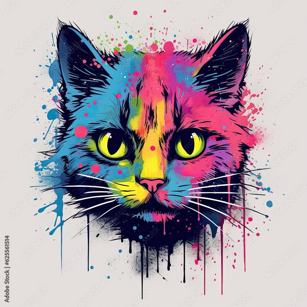 Colorful cat head art, artistic illustration, multicolor paint splash, generative AI