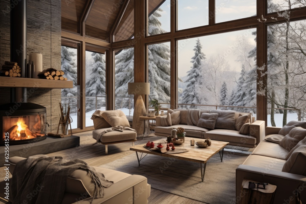 A chic country chalet with a large panoramic window that provides a beautiful view of the winter forest. The interior is cozy and warm, featuring an open floor plan, wooden accents, inviting colors