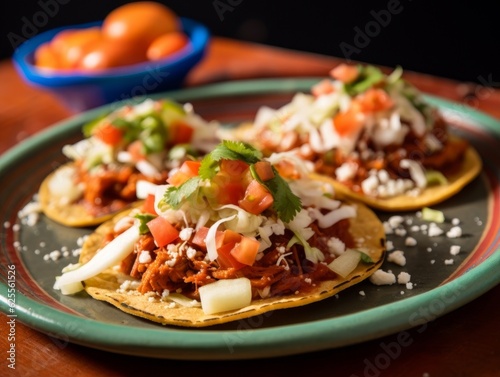 Tinga Tostadas on a vibrant Mexican earthenware plate, garnished with queso fresco and a squeeze of fresh lime photo