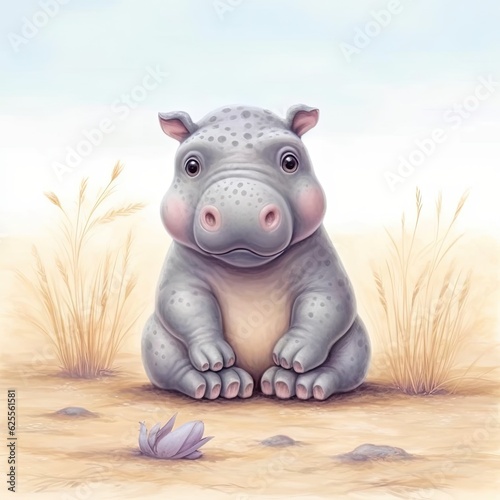 Cute hippo baby african jungle safari animal, watercolor illustration
