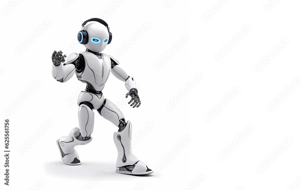 humanoid robot with headphones is dancing on white background made with generative AI humanoid robot with headphones is dancing on white background made with generative AI