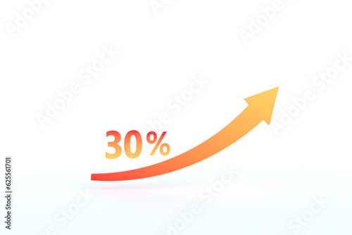 3D Rendering, 30 percent growth with rising arrow isolated with white background.