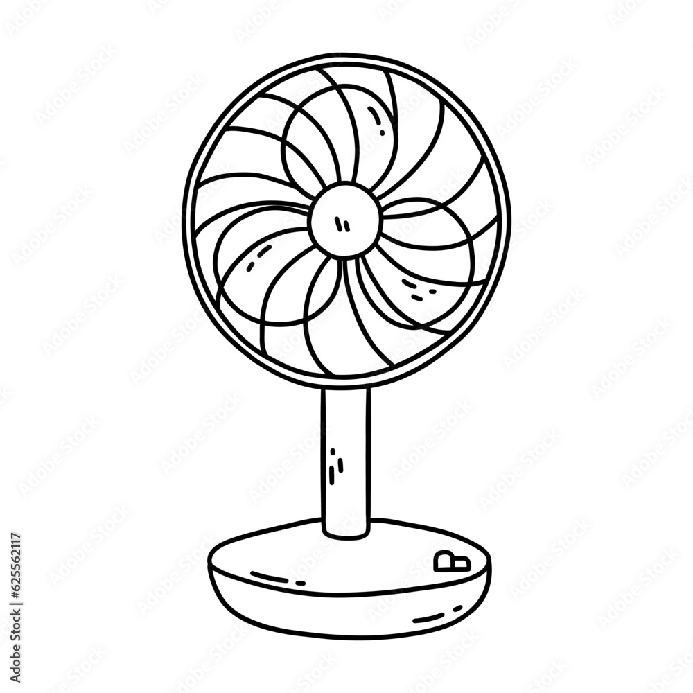 Desktop electrical fan. Cooling air conditioning unit in hot weather. Black and white vector isolated illustration hand drawn. Outline doodle blower. Icon or card