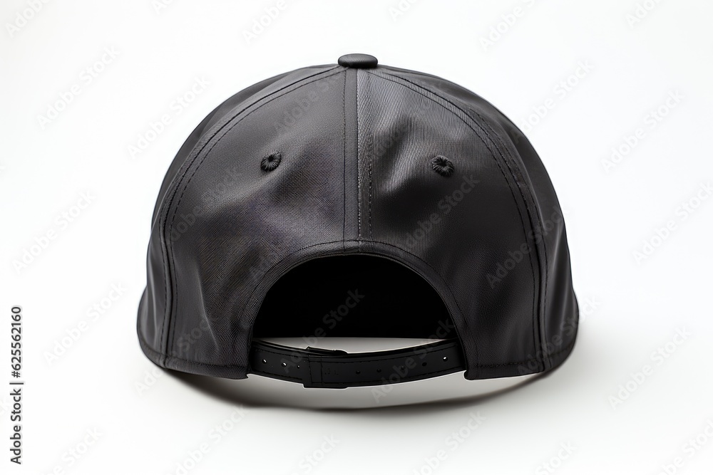 A black cap seen from the back for a mockup. White background A black cap seen from the back for a mockup. White background
